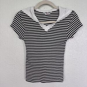 Vintage Hard Tail Top Women One Size Striped Hooded Y2K V Neck Shirt Black White